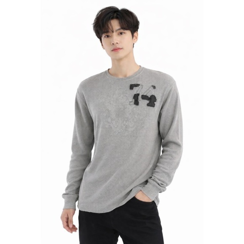 Red Camel Mens Gray Waffle Knit Long Sleeve‎ Shirt Distressed 74 Graphic L 76-32